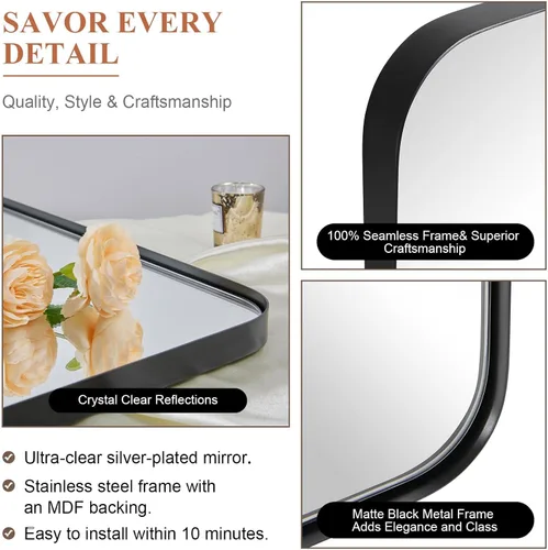 Miniatura 6 de ANDY STAR - Espejo de pared para baño, espejo de baño negro mate de 30x36, espejo rectangular moderno con marco de metal de acero inoxidable