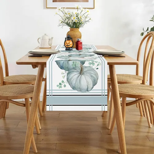 Miniatura 4 de GOOESING Camino de mesa de otoño, calabazas azules y blancas, hojas de eucalipto, caminos de mesa de otoño, Acción de Gracias, cocina, comedor