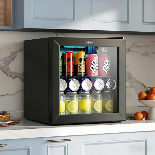 Miniatura 2 de COSTWAY Refrigerador de bebidas, 1.3 pies cúbicos, 12 botellas y 55 latas, mini refrigerador con puerta de vidrio templado, estante extraíble