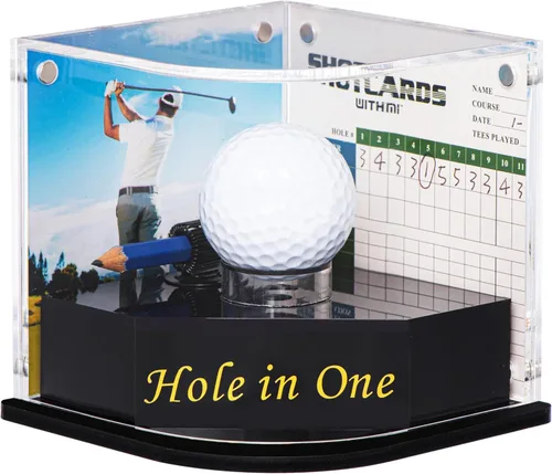 Miniatura 7 de Vitrina de pelotas de golf para golfista águila. Trono de pelota negra con sello dorado. 2 marcos de fondo en cada lado de la cubierta curvada.