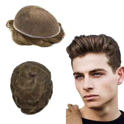 Miniatura 101 de Toupee para hombres Piezas de cabello humano real, encaje francés completo para hombres, pieza de cabello, nudos blanqueados, línea capilar natural