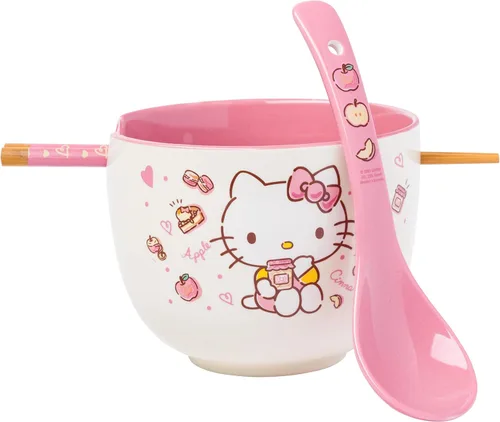 Miniatura 25 de Silver Buffalo Sanrio Hello Kitty Tazón de cerámica para ramen y arroz con diseño de flores, con palillos, apto para microondas, 20 onzas