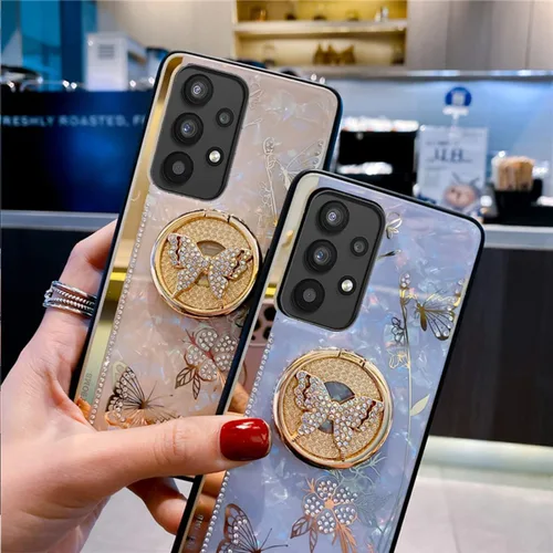 Miniatura 2 de Funda para Galaxy A13 5G con función atril, bonita carcasa de mármol con mariposa floral con espejo de soporte, elegante funda protectora a prueba