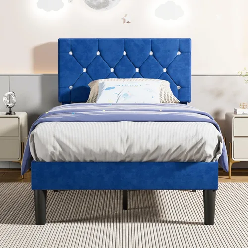 VECELO Base de cama de tamaño individual, plataforma tapizada con cabecera ajustable de diamante, soporte de listones de madera, no necesita somier,
