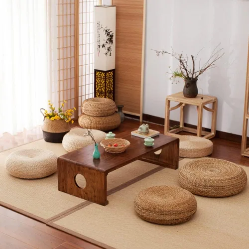 Miniatura 5 de Etlegor Pufs y reposapiés, Futón Puf Futón Cojín Taburete Estilo Japonés Tatami Mat Gattail, Hoja de plátano tejida a mano natural y respetuoso