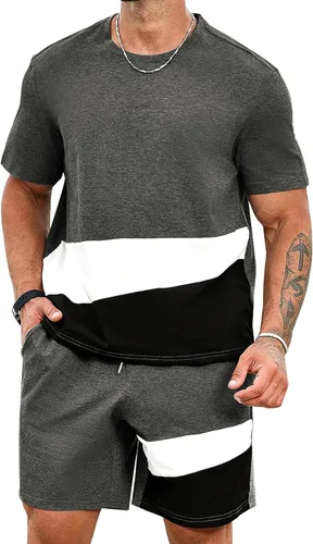 Babioboa Camiseta de bloque de color para hombre y pantalones cortos con cordón en la cintura, trajes de camiseta para exteriores, uso diario casual