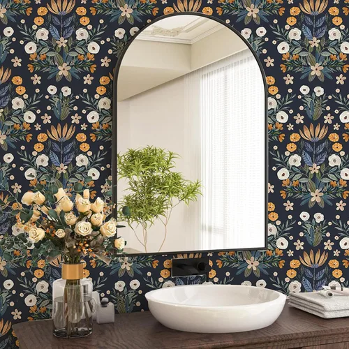 Miniatura 5 de Floralplus Papel tapiz autoadhesivo bohemio extraíble para baño, papel tapiz floral oscuro, papel de contacto floral con hojas adhesivas para Azul