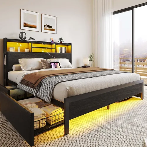 Miniatura 8 de Rolanstar Base de cama matrimonial con almacenamiento, plataforma de 4 cajones con estación de carga USB, luces LED integradas y cabecero