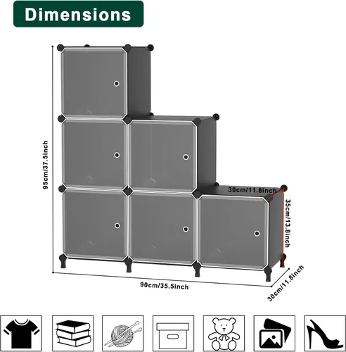 Miniatura 3 de ATTSL6001 - Organizador de almacenamiento de 6 cubos con puertas, organizador de ropa de plástico apilable para dormitorio y debajo de escaleras