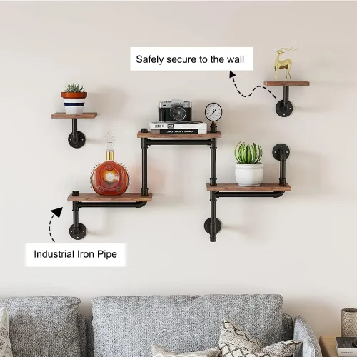 Miniatura 6 de Estantería de tubo industrial, estantes rústicos para decoración de pared, estante de escalera moderno con tablones de madera, estantes flotantes