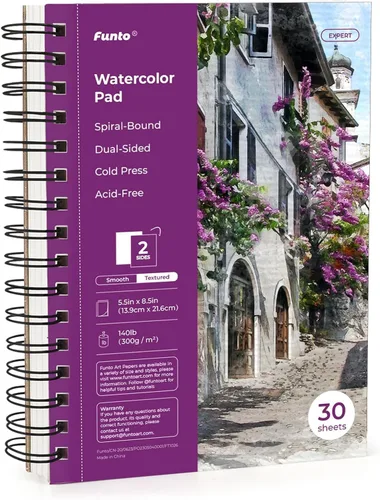 Funto Almohadilla de acuarela 5.5x8.5, 30 hojas, 140 lb/300 g/m², doble cara prensada en frío, encuadernada en espiral, papel pesado para pintura en