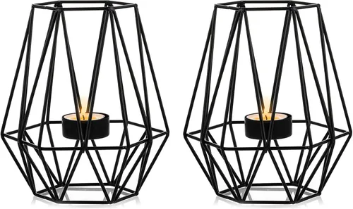 Nuptio 2 portavelas negro para sala de estar, soporte geométrico hexagonal para velas de té, decoración de mesa de boda, portavelas votivo para