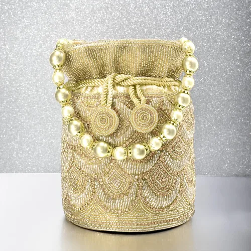Miniatura 6 de Aheli Gold Potli - Bolsas de noche para mujer, bolso de mano étnico con cordón (P70G), Oro