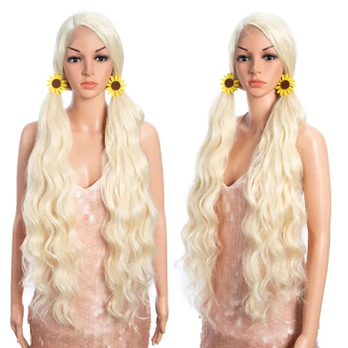 Miniatura 4 de Style Icon Pelucas de encaje frontal de 36 pulgadas, peluca ondulada súper larga, color blanco dorado con abuelitos, densidad del 130 %, peluca 613
