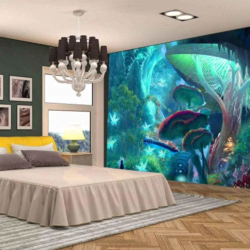 Miniatura 3 de Aidatain Tapiz de planta de hongos del bosque encantado, cuento de hadas, árbol grande, paisaje de selva, para colgar en la pared, de franela grande