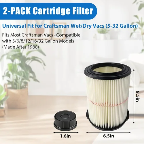 Paquete de 2 filtros de cartucho para Craftsman 17816 9-17816 Filtro de aire húmedo y seco, pieza de repuesto para aspiradoras de 5/6/8/12/16/32