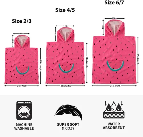 Miniatura 7 de Toalla de playa absorbente con capucha para niños y niñas, toalla de baño de microfibra con broches laterales (sandía, 6-7) 27.00 x 26.00 pulgadas