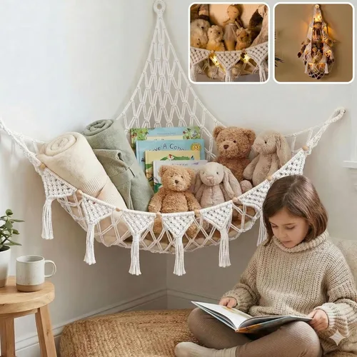 Miniatura 10 de TIDYTEDS Macramé DreamLights Hamaca de Red de Almacenamiento de Animales de Peluche Boho Extra Grande Soporte de Almacenamiento de Juguetes de Azul