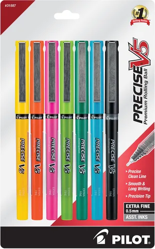 Pilot Precise V5 - Bolígrafos de tinta líquida con tapa de punta extra fina de 0.020 in, bolígrafos de colores, colores surtidos, paquete de 7,