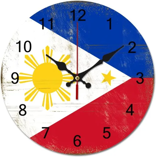 Reloj de pared de la bandera de Filipinas con decoración patriótica de 9 pulgadas, funciona con pilas, silencioso, sin tictac, para colgar, Estilo-9