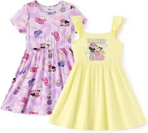 Miniatura 7 de Disney Vestidos de princesa Frozen Stitch Minnie para niña, paquete de 2 unidades, manga corta con volantes, suave de viscosa de bambú, traje