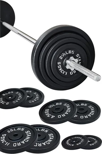 Miniatura 2 de Fitvids - Placas de peso estándar de hierro fundido, incluyendo barra estándar de 5 pies con bloqueos en estrella, juego de 95 libras