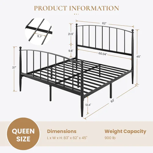 Miniatura 2 de SHA CERLIN Base de cama tamaño Queen, plataforma de metal con cabecera y estribo de estilo victoriano, fácil montaje, no necesita somier, color negro