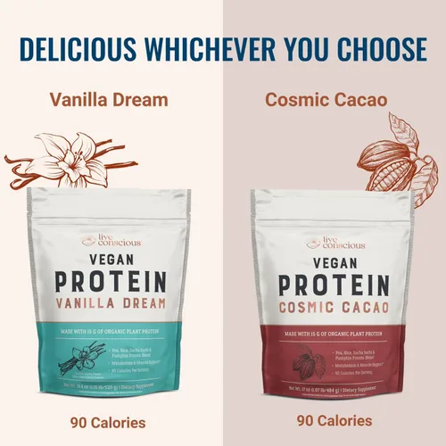 Miniatura 5 de Live Conscious Cosmic Cacao - Proteína en polvo vegana orgánica, sabor a chocolate, mezcla a base de plantas, proteína de guisante, arroz integral