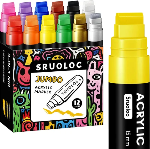 SRUOLOC Marcadores jumbo de 12 colores, punta de fieltro jumbo de 15 mm, marcadores de pintura acrílica para pintura en roca, póster, piedra,