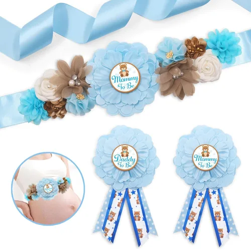 Vansolinne Oso de peluche azul para maternidad, banda para mamá para ser y papá para ser ramillete, juego de alfileres para oso baby shower,