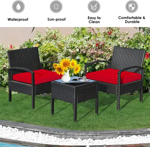 Miniatura 4 de HAPPYGRILL Juego de 3 piezas de conversación para patio, juego de mimbre de ratán al aire libre con mesa de centro para jardín, balcón y patio Rojo