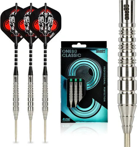 ONE80 - Dardo de punta de acero profesional de tungsteno 90% VHD, estilo barril con vuelos extra, ejes y sacapuntas, caja de regalo con empaque