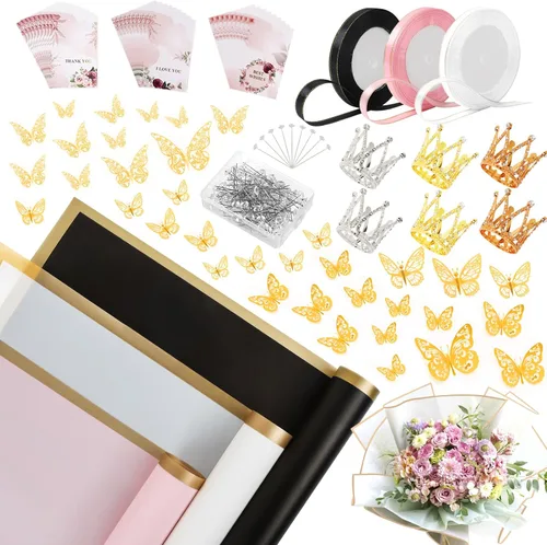 60 hojas de papel de 3 colores para envoltura de ramos de flores y regalos de bodas o cumpleaños con 3 rollos de listones, mariposas 3D, coronas de