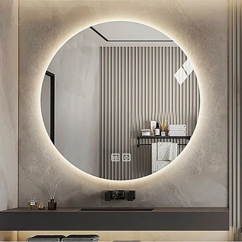 DELURA Espejo de baño con luces LED circular, retroiluminado, espejo iluminado montado en la pared, antiniebla, 3 colores cambiantes, IP44,