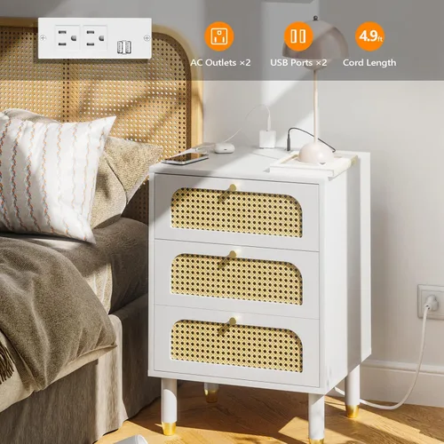 Miniatura 7 de VINGLI Mesita de noche de ratán con estación de carga, mesita de noche blanca de 27 pulgadas de alto con 3 cajones para dormitorio, mesa auxiliar
