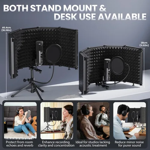 Miniatura 7 de Escudo de aislamiento de micrófono de grabación de estudio con filtro pop y kit de tres soportes, grabación de música, micrófonos de condensador USB
