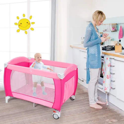 Miniatura 8 de Costzon 4 en 1 rosa Pack and Play con moisés, corralito portátil para bebé con toldo ajustable, entrada con cremallera lateral, caja de música