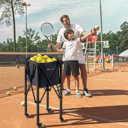 Miniatura 2 de Goplus Tolva plegable para pelotas de tenis, cesta de aluminio ligera con ruedas, bolsa extraíble, bolsillos laterales, bolsa de transporte, carrito