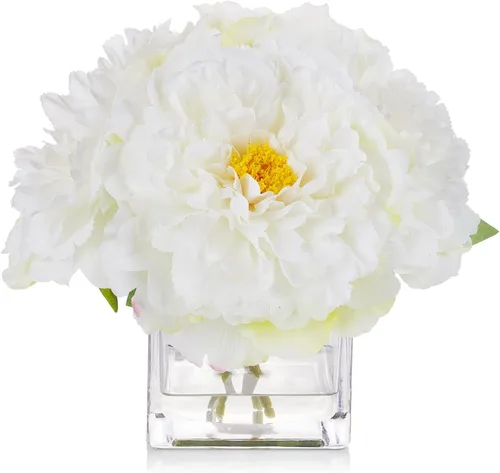 Miniatura 9 de ENOVA FLORAL Flores de seda de peonías en jarrón, flores falsas con agua sintética en jarrón de vidrio para decoración de mesa de comedor, centros