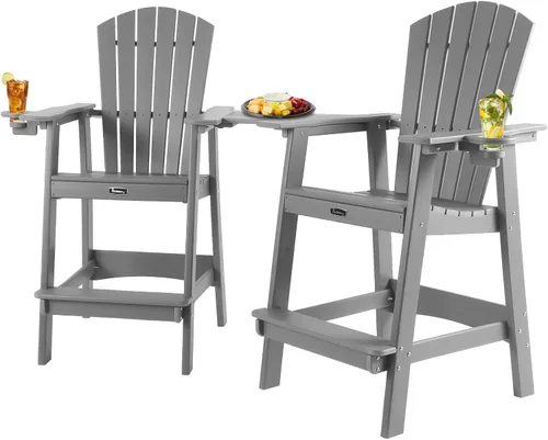 Miniatura 11 de FUNBERRY Juego de 2 sillas altas Adirondack con mesa de conexión extraíble, silla de balcón alta para todo tipo de clima con portavasos