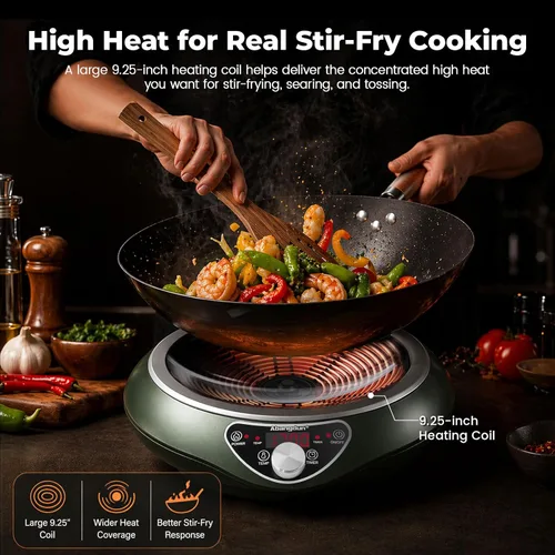 Miniatura 2 de Placa de Inducción para Wok de 1700W con Wok de Acero al Carbono Nitrurado de 13.4", Fondo Redondo y Compatible con Sartén Plana, Juego de Wok