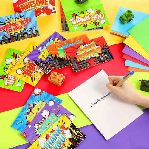 Miniatura 4 de Cholemy 40 tarjetas de agradecimiento de héroe surtido con sobres, tarjetas plegadas de agradecimiento coloridas cómicas para niños, aulas, escuela