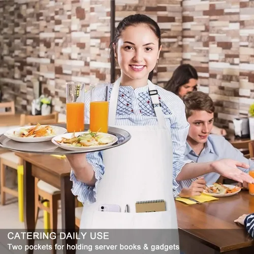 Miniatura 5 de Jubatus Paquete de 2 delantales con peto con 2 bolsillos, delantal de cocina de chef para mujeres y hombres, color blanco