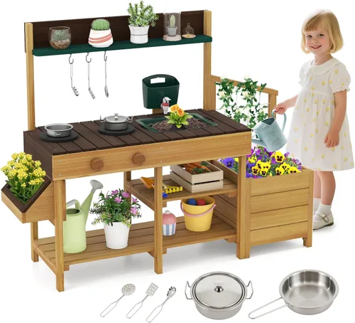 Costzon Cocina de barro, banco de madera para macetas para niños con grifo extraíble, fregadero, estufas, pomos de rotación, cajas para macetas,