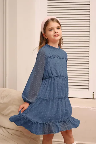 Miniatura 4 de GRACE KARIN Vestido escalonado con volantes para niñas, vestido acampanado de manga larga con lunares suizos, 6-12 años