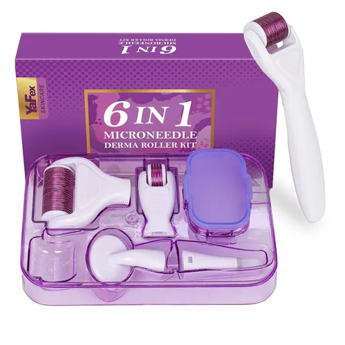 Miniatura 7 de YaFex Derma Roller para cara y cuerpo - Kit de rodillo de microagujas de titanio 6 en 1, rodillo de microagujas, 300 y 720 agujas de 0.010 in, 1200