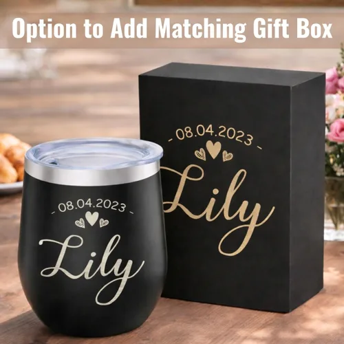 Miniatura 5 de Vaso de vino personalizado con tapa, taza aislada de acero inoxidable grabada personalizada negra para bebidas frías y calientes, regalo