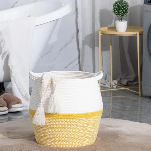 Miniatura 7 de KAKAMAY - Cestas tejidas para almacenamiento (17"x17"), gran cesta de lavandería de cuerda de algodón tejida para bebé, cesta de lavandería Amarillo