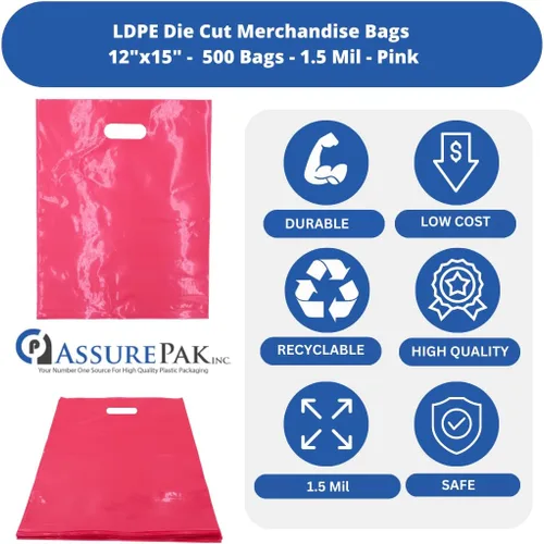 Miniatura 3 de ASSUREPAK Bolsas de mercancías troqueladas de LDPE - 500 bolsas - 12"x15" - 1.5 mil - Rosa - 1215DCPINK Rosado