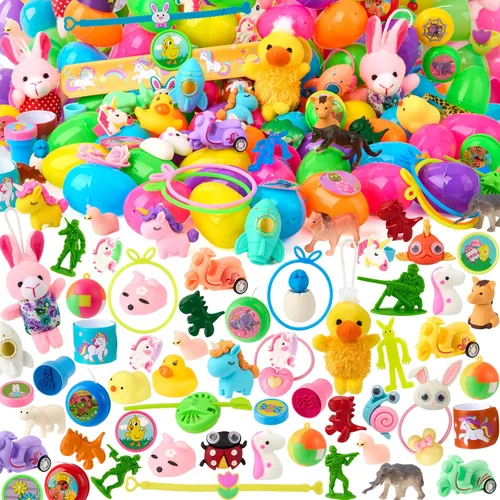 200 piezas de huevos de Pascua rellenados coloridos con juguetes y calcomanías Premium con bisagras de 2 3/8 pulgadas para relleno de cesta de